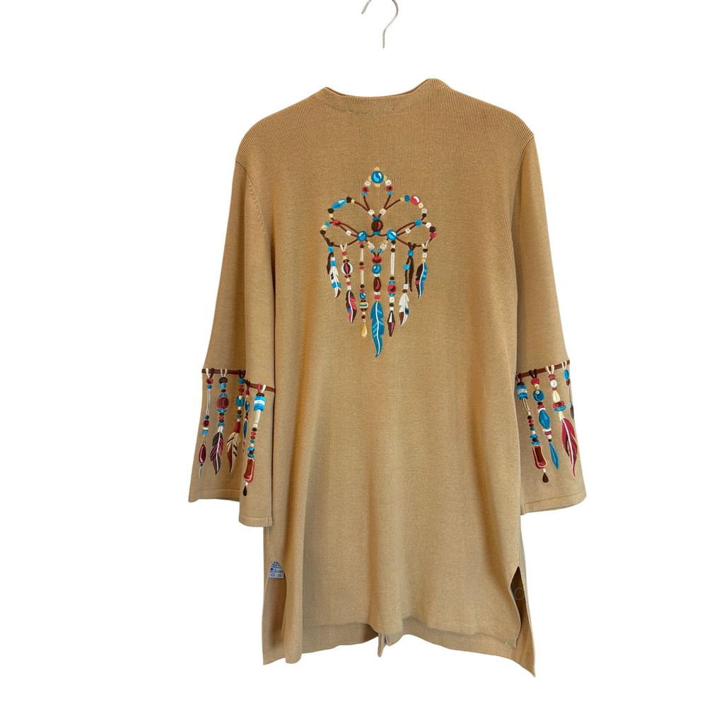 Bob Mackie Wearable Art Embroidered Dreamcatcher Cardigan Sweater Tan Womens M - Picture 3 of 6
